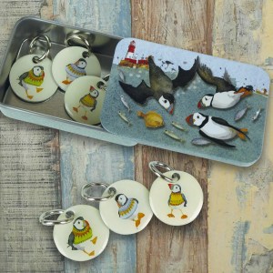 Diving Puffin Stitch Markers in a Pocket Tin
