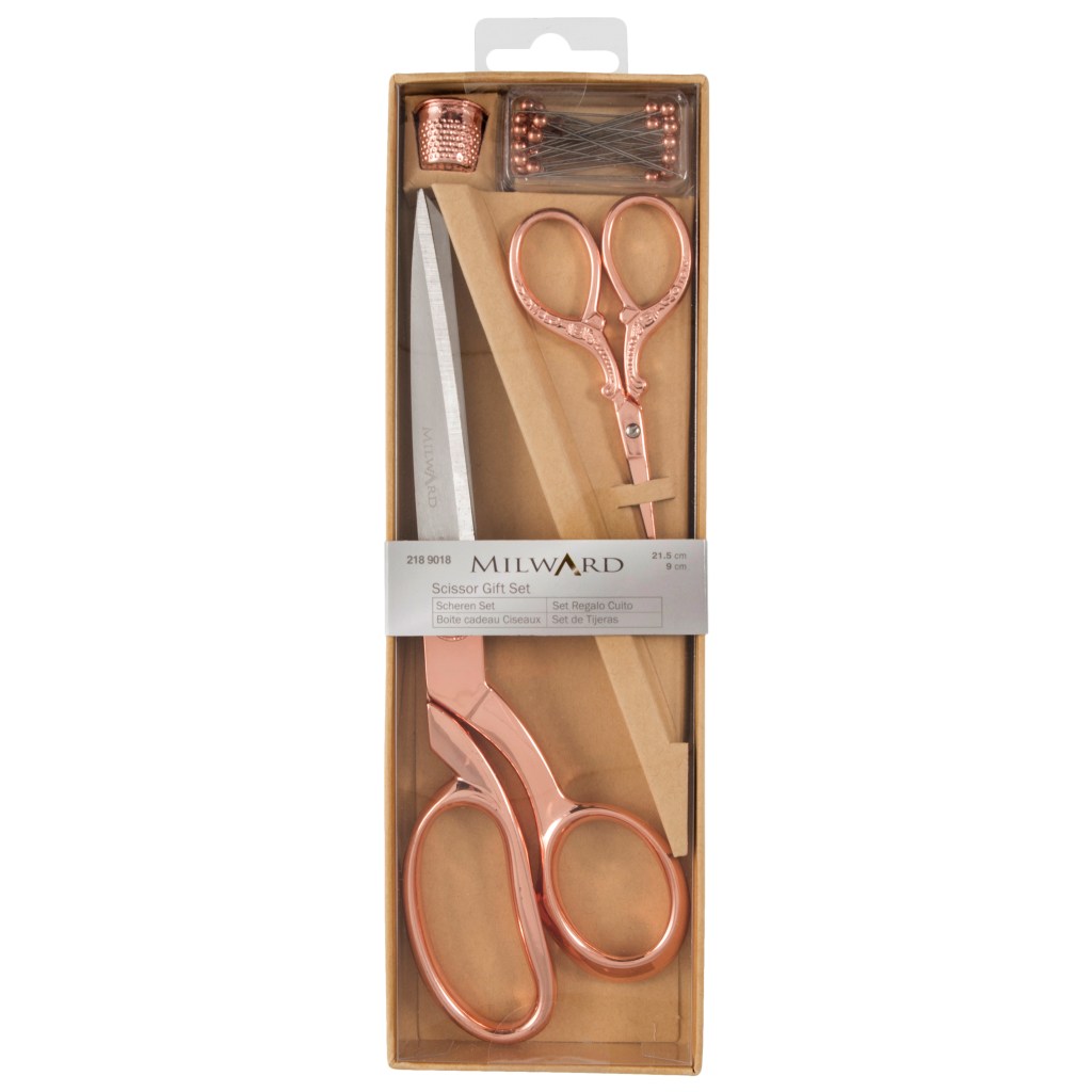 Rose gold scissors, thimble & pins gift set