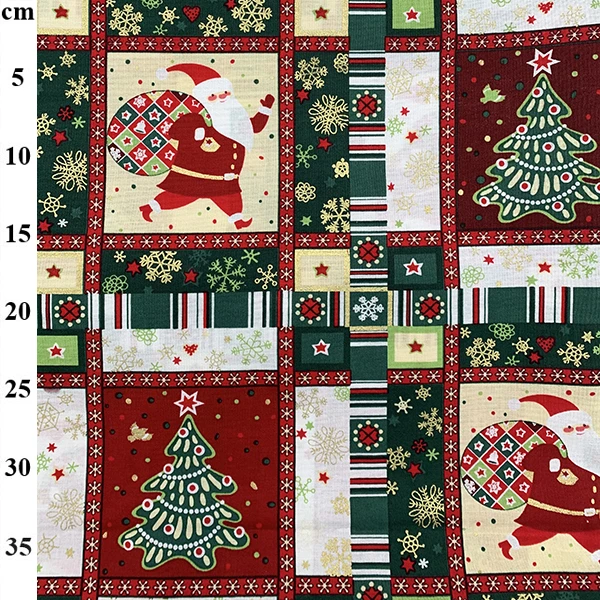 Fabric: Christmas Print: Santa Patchwork on Green: Cotton